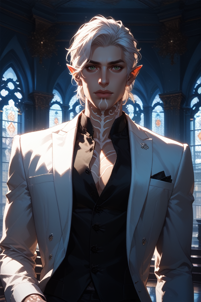 score_9, score_8_up, score_7_up,
<lora:DA2Fenris:0.8>
DA2Fenris, 1boy, white hair, green eyes, white tattoo, pointy ears, looking at viewer, in a modern high-rise apartment, wearing a sleek tuxedo, overlooking a bustling city at night, floor-to-ceiling windows, high contrast lighting, elegant and refined