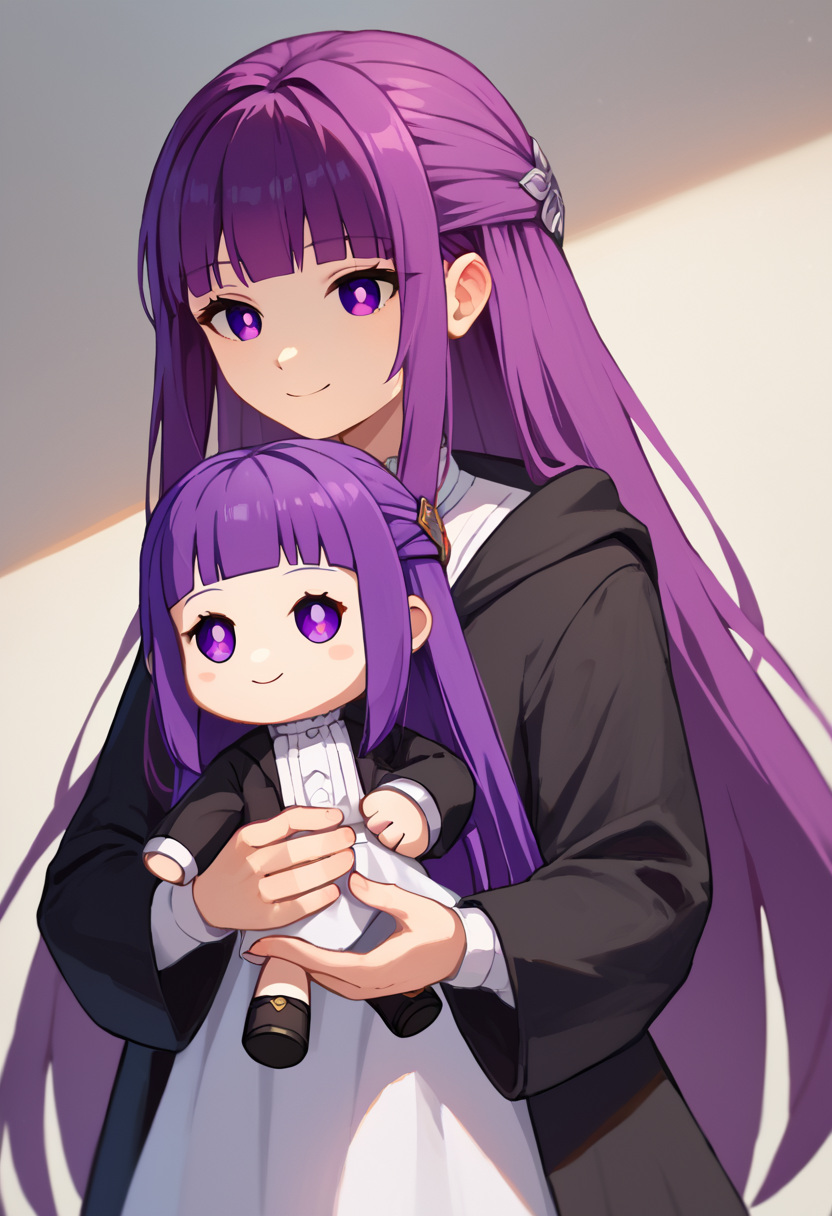 score_9_up score_8_up score_7_up, 1girl, holding character doll, light smile
BREAK
FernBase, purple eyes, purple hair, long hair, half updo, hair ornament, white dress, collared dress, black robe
<lora:holding_fufu_pony_d16:1>
<lora:others_CHAR-FernPonyXL:0.9>