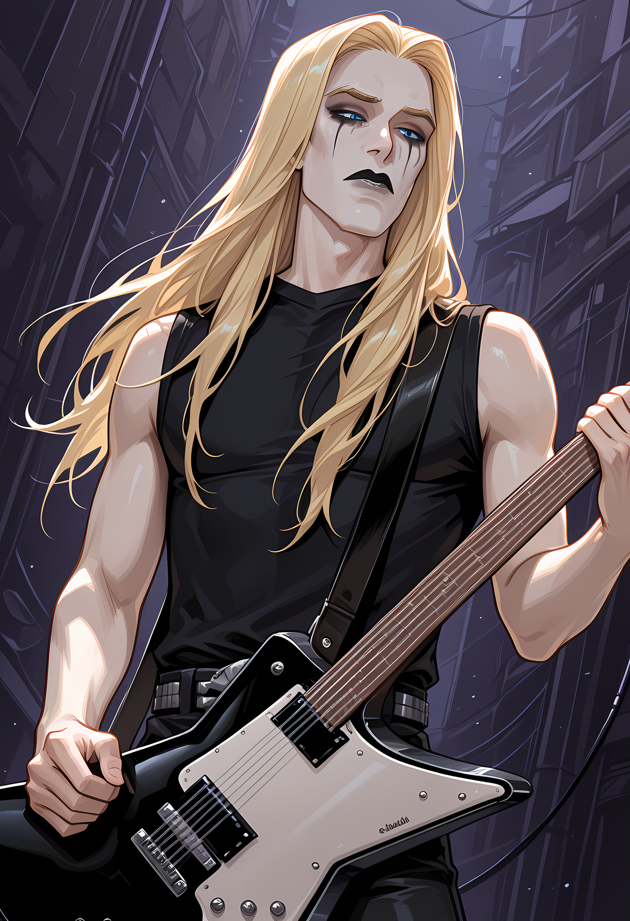 masterpiece, best quality, amazing quality, dutch angle, abstract background, BREAK
1boy, solo, male focus, skwisgaarskwigelf, blonde hair, long hair, blue eyes, dark eye makeup, white makeup, black lipstick, black shirt, sleeveless, electric guitar, instrument, BREAK
<lora:cfg_scale_boost:.6>   <lora:Skwisgaar_Skwigelf_-_Metalocalypse_-_ILXL:1>