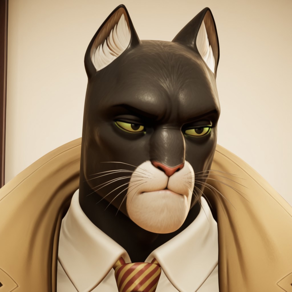 masterpiece, best quality, amazing quality, solo, Blacksad, whiskers, 1boy, furry, cat ears, black eyes, green sclera, tall, well-built, muscular, cat nose, black fur, white around mouth, older male, red-and-gold striped tie, trench coat, broad shoulders, white collared undershirt, green pants, black belt, black shoes, close up, portrait, face, shot, solo,