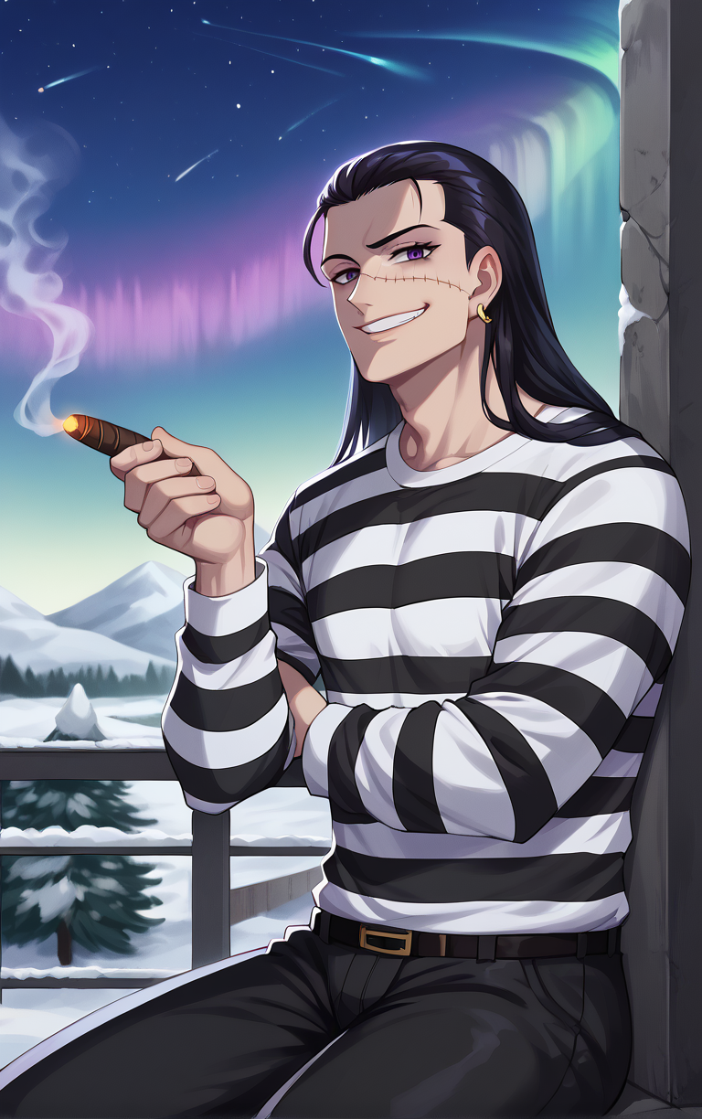 score_9, score_8_up, score_7_up, looking at viewer,  BREAK
JailOutfit_Crocodile_ownwaifu, hook,
1boy, black eyes, black hair, hair slicked back,  male focus, scar on face, single earring, scar, jewelry, earrings, long hair, 
prison clothes, cigar, smoking, stitches, smile, striped shirt, shirt, striped, grin, teeth, evil smile, long sleeves
(sitting, looking up), aurora, shooting star,  star \(sky\), winter, snow, night, scenery, outdoors,  <lora:PONYXL_Pre_ONEPIECE_Crocodile_ownwaifu:0.75> , depth of field, solo, Interesting Image, Captivating Image,