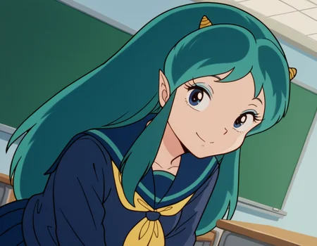 score_9, score_8_up, score_7_up, source_anime,
uruseilum, <lora:lum-class-studio-pierrot-ponyxl-lora-nochekaiser:1>
lum, long hair, bangs, blue hair, blue eyes, horns, pointy ears, aqua hair, oni horns, eyeshadow,
shirt, long sleeves, school uniform, serafuku, sailor collar, neckerchief, yellow neckerchief, shirt, blue shirt, blue sailor collar, blue skirt,
indoors, classroom, bent over, smile,
looking at viewer, dutch angle, cowboy shot, solo,