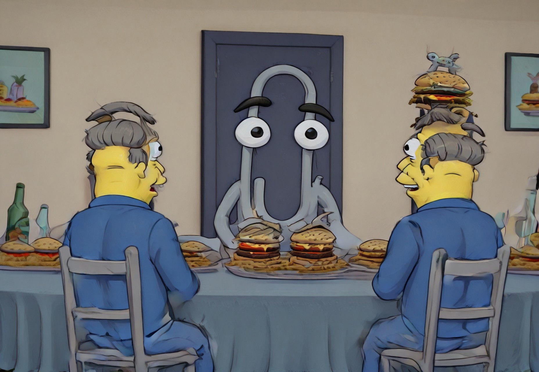 steamed hams, food, cl1ppy, pokemon (creature), parody, chair, sitting, 2other, back view, looking at each other, table, indoors, tray, hamburger, burger, bottle