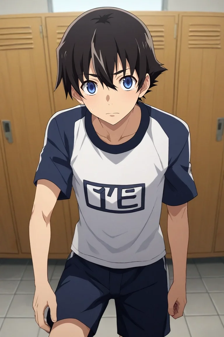 score_9, score_8_up, score_7_up, , rating_safe, , semi-realistic, looking at viewer, depth of field, 1boy, solo, male focus, <lora:yukiteru_amano_pony:0.82>, yukiteru_amano, black hair, blue eyes, short hair, hair between eyes, symmetry, locker room, day, standing on one leg, tearing up, , <lora:sdxl_lightning_8step_lora:1>