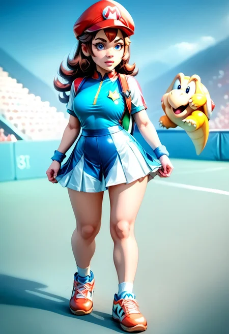 <lora:MtF_Genderswap:1>, genderswap \(mtf\), Mario, facing forward, mario hat, adult woman, extremely large nose, extremely bulbous nose, very wide face, circular head shape, wide chin, wide jawline, brown hair, lightly curly hair, shoulder length hairstyle, blue eyes, average bust, wide hips, super crown, tennis wear, tennis uniform, two-tone skirt, red and blue clothing, fully clothed, zPDXL, score_9, score_8_up, score_7_up, score_6_up, score_5_up, score_4_up,
full body render, full body, photorealistic image, realistic image, high quality, detailed face, realistic human proportions, detailed clothes,