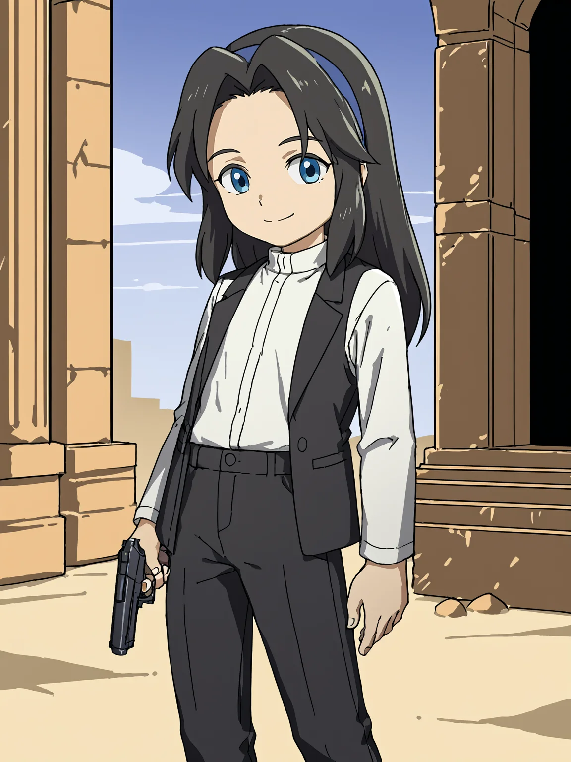 source_cartoon, solo, CSPNY1, aztec ruins, <lora:Maria (Sonic x Shadow Generations) PDXL v2:0.75>, sxsgmaria, smile, black hair, score_7_up, black tuxedo, white shirt, black trousers, handgun, trigger discipline, james bond
