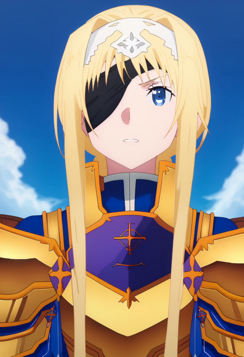 score_9,  <lora:alice_zuberg:1> alice zuberg,  1girl, sky, blonde hair, solo, eyepatch, gold armor, white hairband, blue eyes, long hair, hairband, armor