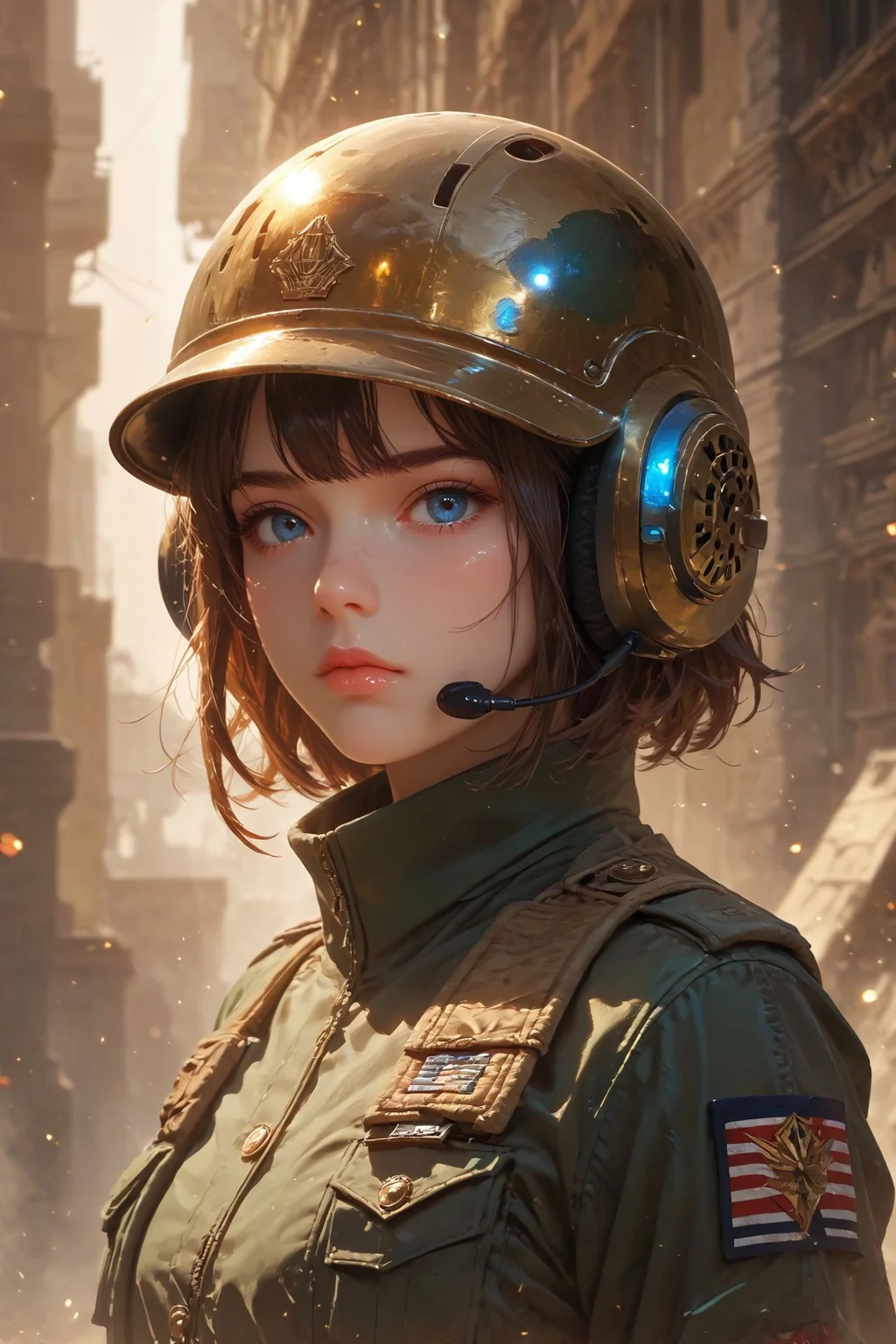 looking at viewer,detailed background,Cinematic Lighting,film grain,score_9,score_8_up,score_7_up,masterpiece,best quality,highly detailed,
<lora:(增强)sdxl_lightning_8step_lora:1>,<lora:glowneon_xl_v1:1>,glowing,<lora:hand 4:1>,hand person,<lora:Expressive_H:0.8>,Expressiveh,<lora:th3rm4lXLP:0.4>,th3rm4l,colorful,
1girl,solo,blue eyes,brown hair,helmet,short hair,military,uniform,looking at viewer,jacket,closed mouth,upper body,lips,headset,military uniform,bulletproof vest,bangs,