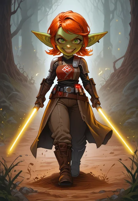 thick outlines, extremely detailed, sharp focus, HD, 1girl, solo, a Goblin woman, short stature, shortstack, pointed ears, big eyes, green skin, with short ginger hair and large swept bangs, wearing goggles with glowing green lenses, dark red mail, with green chain boots, silver rectangular shield, sword on her hip, confident smile, walking, eyes to the side. Setting forest, dirt path, dark grass, fog, low light. green eyes, blue lightsaber, laser sword, long sword,