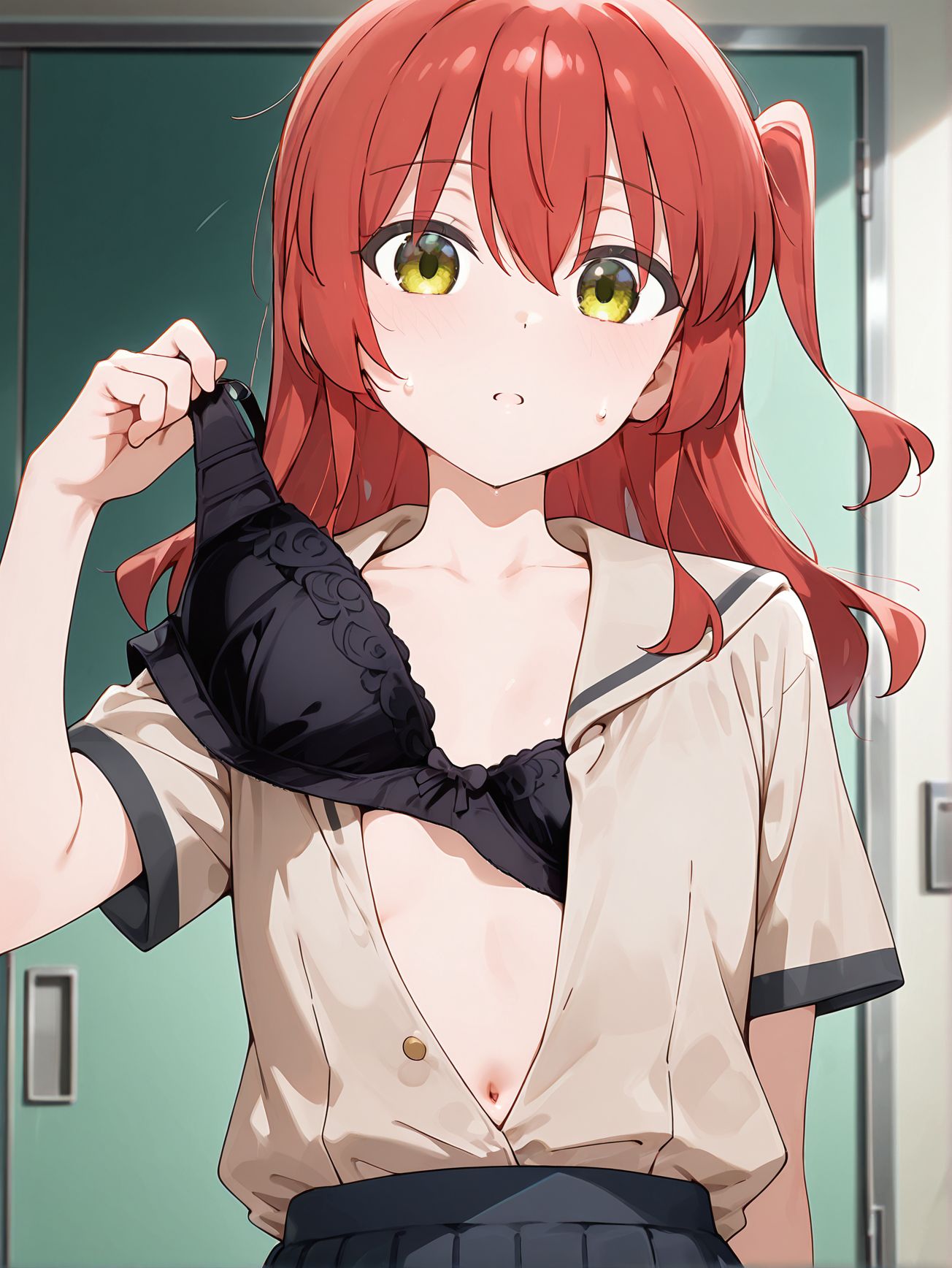 masterpiece, best quality, newest, absurdres, highres, detailed eyes, beautiful, detailed background, perfect eyes, anime coloring, anime screencap,
<lora:removing_bra_under_shirt:1>Taking_off_brav1,
1girl,breasts,
underwear,bra,solo,
taking off bra,
removing bra,
pulling off bra,
standing, 
BREAK
sweatdrop, 
Kita Ikuyo,
school uniform,   flat chest,  open shirt, 
bocchi the rock!, official art,