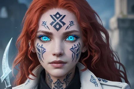 bright red hair, human female, (feminine:1.7), (beautiful face, detailed face:1.6), (beautiful eyes, detailed eyes:1.7), (looking at viewer, eye contact, intense:1.6), (long hair, red hair, curly hair:1.3), , ((masterpiece, best quality, high resolution, realistic, best quality,)), photo realistic, Perfect Face, (detailed face). <lora:GoodHands-vanilla:0.6> <lora:add-detail-xl:0.8>, mage, (Dress White military uniform coat), dagger, rune dagger, glowing runes, , (((glowing magic symbols tattoos, religious tattoos))), ((face tattoos)), glowing tattoos, stone tower in the background