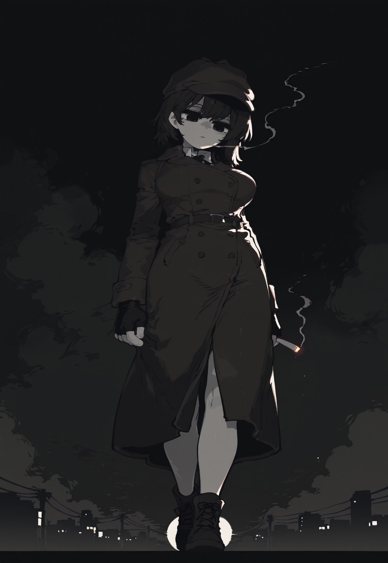 masterpiece, best quality, amazing quality, very aesthetic, absurdres, newest, ssambstyle, k4_illu, 
BREAK,
1girl, solo, black and white, monochrome, gradient black hair, short hair, side cut, detective hat, trench-coat, looking down, head down, cigarette, smoke trail, noir scene, noir theme, fingerless gloves, full body, medium breasts, 
BREAK, mysterious atmosphere, night, dramatic lighting, outdoors, city, detailed background, deep contrast, limited color palette, high contrast black, dramatic composition, 