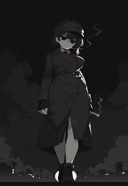 masterpiece, best quality, amazing quality, very aesthetic, absurdres, newest, ssambstyle, k4_illu,
BREAK,
1girl, solo, black and white, monochrome, gradient black hair, short hair, side cut, detective hat, trench-coat, looking down, head down, cigarette, smoke trail, noir scene, noir theme, fingerless gloves, full body, medium breasts,
BREAK, mysterious atmosphere, night, dramatic lighting, outdoors, city, detailed background, deep contrast, limited color palette, high contrast black, dramatic composition,