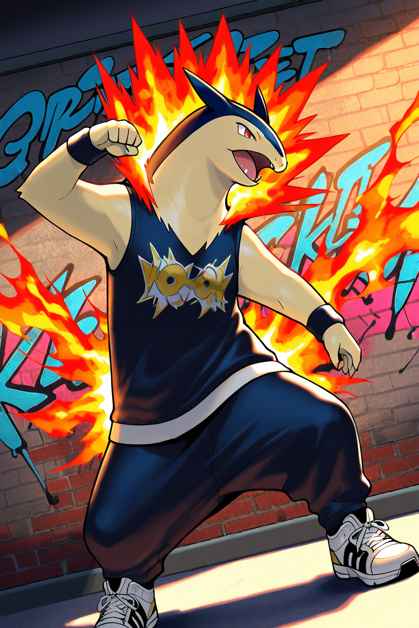 masterpiece, best quality,   no humans, pokemon (creature), fire,  <lora:TyphlosionPokedexIXL:1.0>,   Urban Street Dance, zzTyphlosion in hip-hop attire, sneakers, sweatband, graffiti wall, street corner, dynamic dance pose, vibrant city light, energetic movement