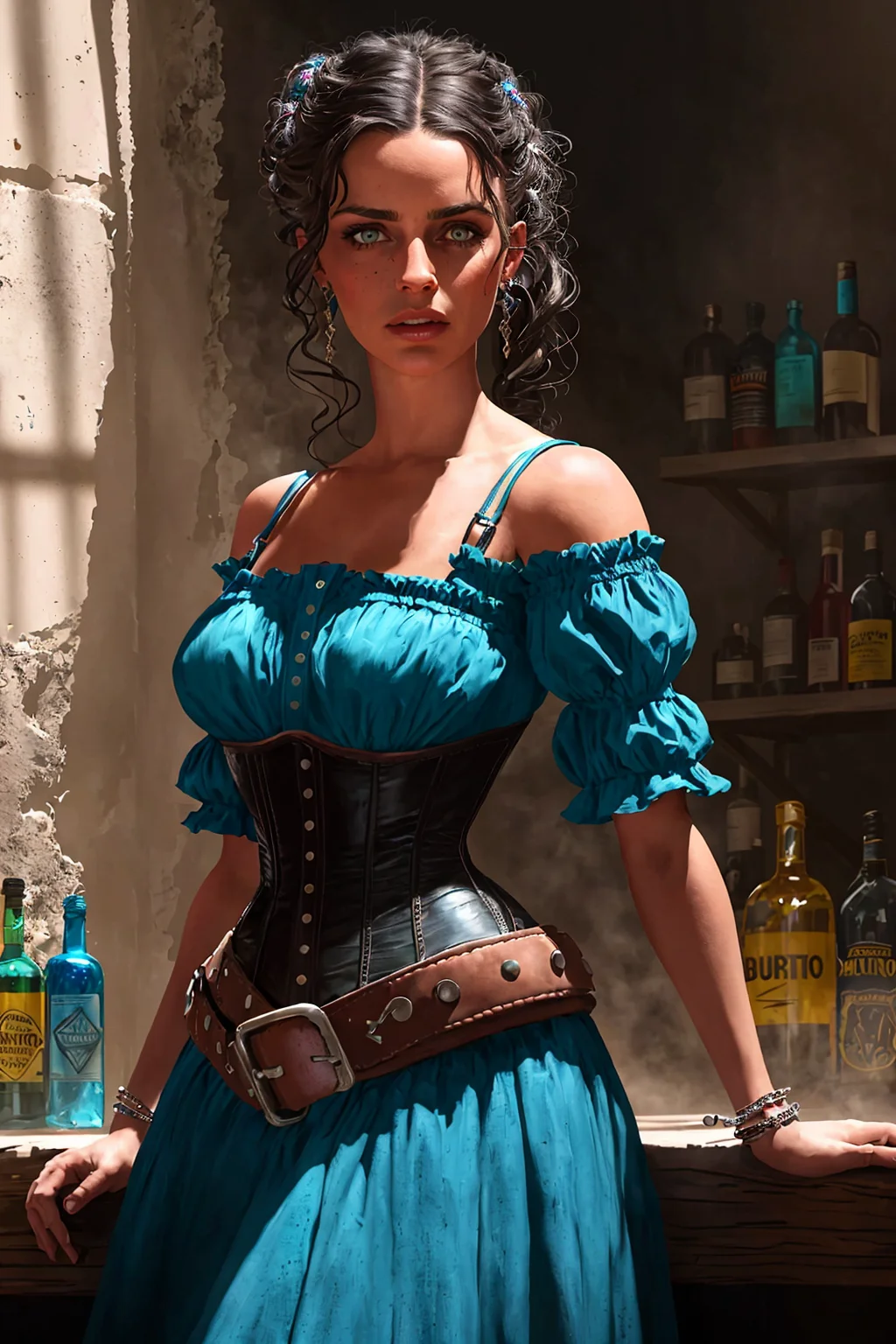 sexy senorita bandito western RPG character painting brunette hair upsweep updo corset (straps buckles:1.1) blue dress indoors desert ruins cantina colorful interior liquor bottles windy dust debris volumetric fog bright morning light through large window
(masterpiece:1.3) (illustration:1.2) (best quality:1.3) (8k) (HDR) (wallpaper) (cinematic lighting) (sharp focus) (intricate) (SouthOfTheBorderSD15:1.1)