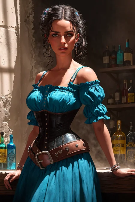 sexy senorita bandito western RPG character painting brunette hair upsweep updo corset (straps buckles:1.1) blue dress indoors desert ruins cantina colorful interior liquor bottles windy dust debris volumetric fog bright morning light through large window
(masterpiece:1.3) (illustration:1.2) (best quality:1.3) (8k) (HDR) (wallpaper) (cinematic lighting) (sharp focus) (intricate) (SouthOfTheBorderSD15:1.1)