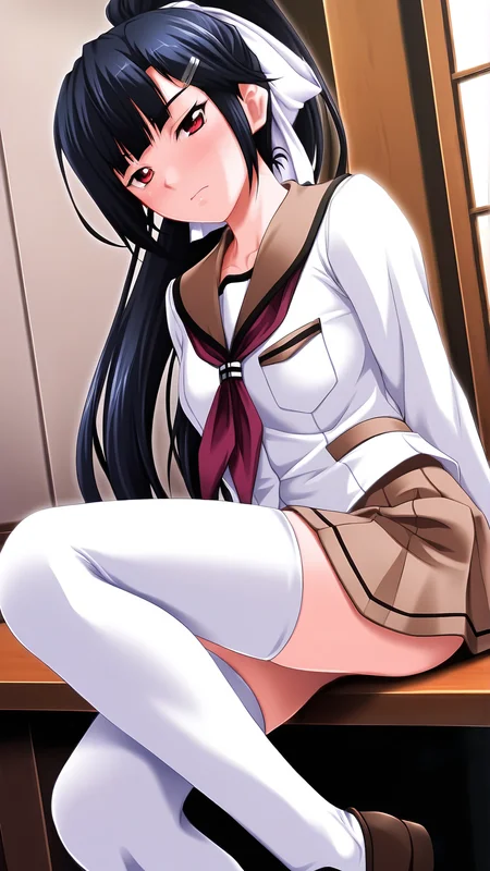 amazing quality,absurdres,best quality,masterpiece,highres,newest,detailed,detailed body,detailed face,masterpiece,best quality,solo,
kurada ibuki,1girl,black hair,long hair,ponytail,red eyes,serafuku,long sleeves,ribbon,hair ribbon,hair ornament,hairclip,pleated skirt,brown skirt,white thighhighs,zettai ryouiki,loafers,brown footwear,<lora:èµç°ãä¼å¹ï¼ãããããã¶ãï¼:0.8>,