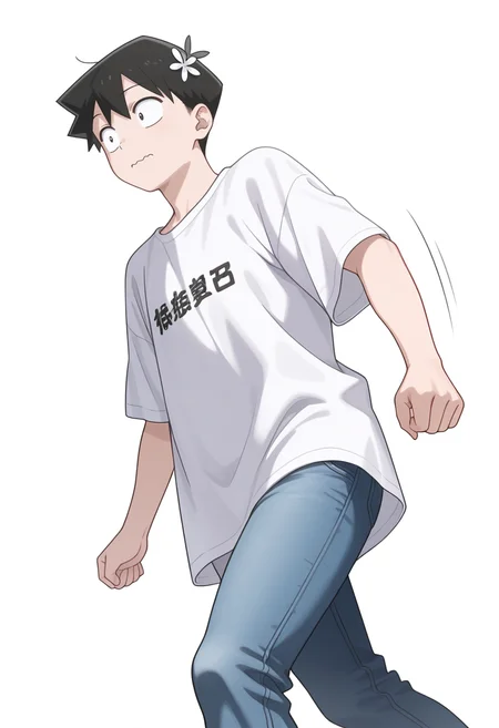 Smooth Quality,masterpiece,very intricate, high quality details, ultra realistic, high detailed skin,detailed enviorement,
simple background, white background, 
from below,wavy mouth,walking, arms swinging, relaxed shoulders, looking forward, natural movement,  ,
 <lora:Tadano_Hitohito_cnn:0.8> 
tadanohitohitocnn, tadanocnn,1boy,black hair, short hair, black eyes, hair flower,
t-shirt, jeans, oversized clothes,