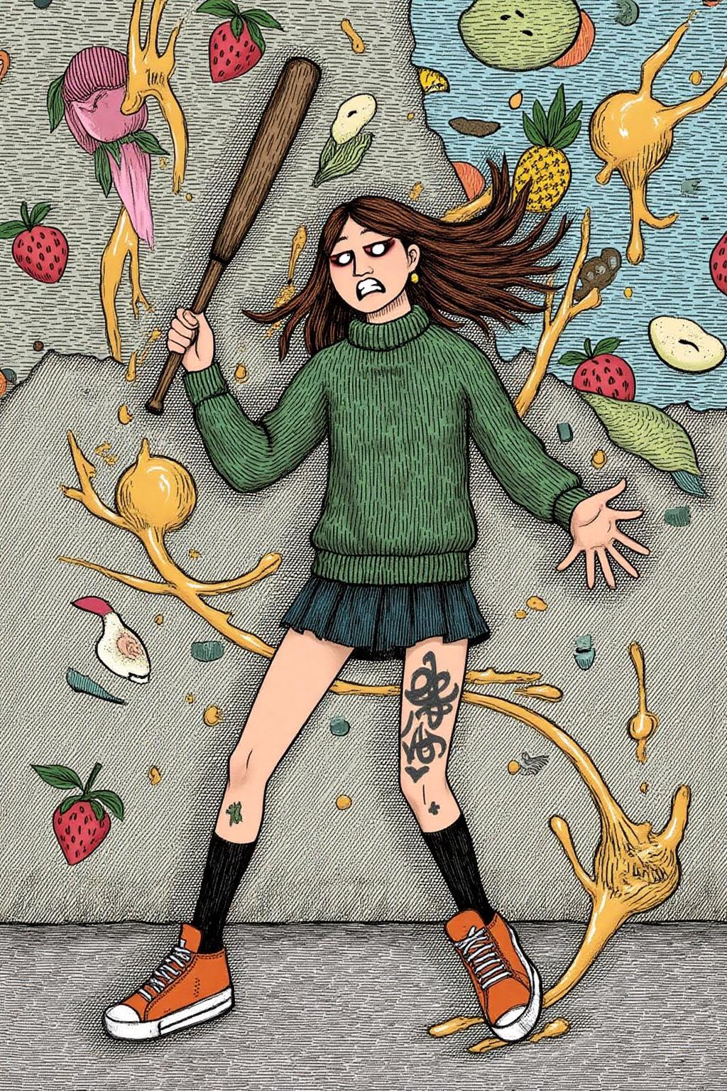 edwardgorey1 illustration.
 Liquid splash, cartoonish juicy fruits chaos, dynamic pose, dynamic camera, a fashion shoot, an illustration of a woman threateningly holding a baseball bat in her hands, full body tattoo, wearing green short sweater, miniskirt, knee socks, orange sneakers, aggressive facial expression, wall with graffiti in the background,  <lora:edwardgorey1_d8a4e11:1.0><lora:868157316581605383:0>