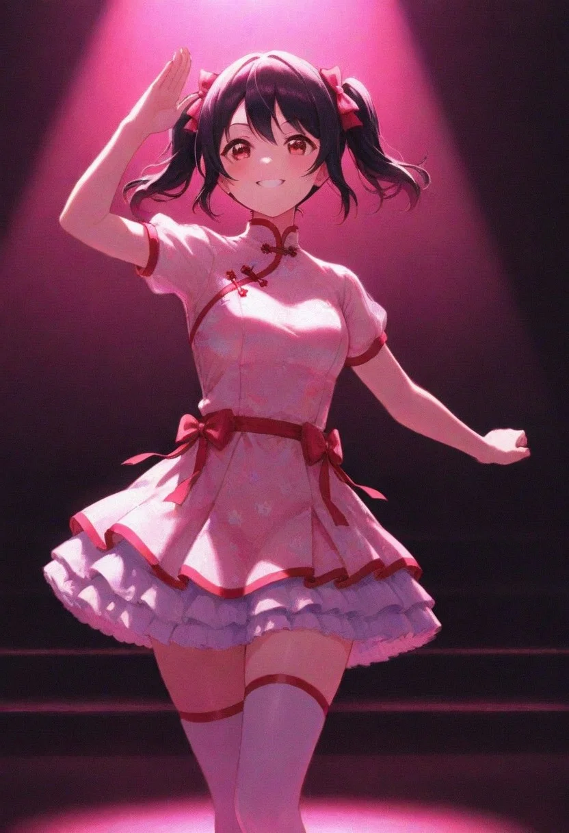 volumetric lighting, ambient occlusion, luminescent background, masterpiece, best quality, absurdres,masterpiece, best quality, very awa, absurdres,stage,idol,spot light,pink,pink spotlight
BREAK
lovelive_nico,1 girl,solo,dynamic pose, black hair, red eyes, bow, twintails, hair bow, cute dress, china dress, pastel dress,thighhighs, intricate details,red,pastel pink,puffy skirt,petticoat,bright smile,multicolored clothes,nico nico nee