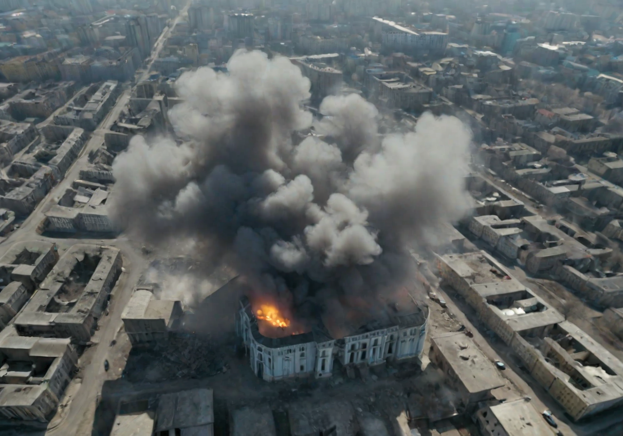 <lora:Smoke_XL:1>, middle shot, modern Ukrainian bombed out city with churches, helicopters overhead,  in the form of smoke_xl