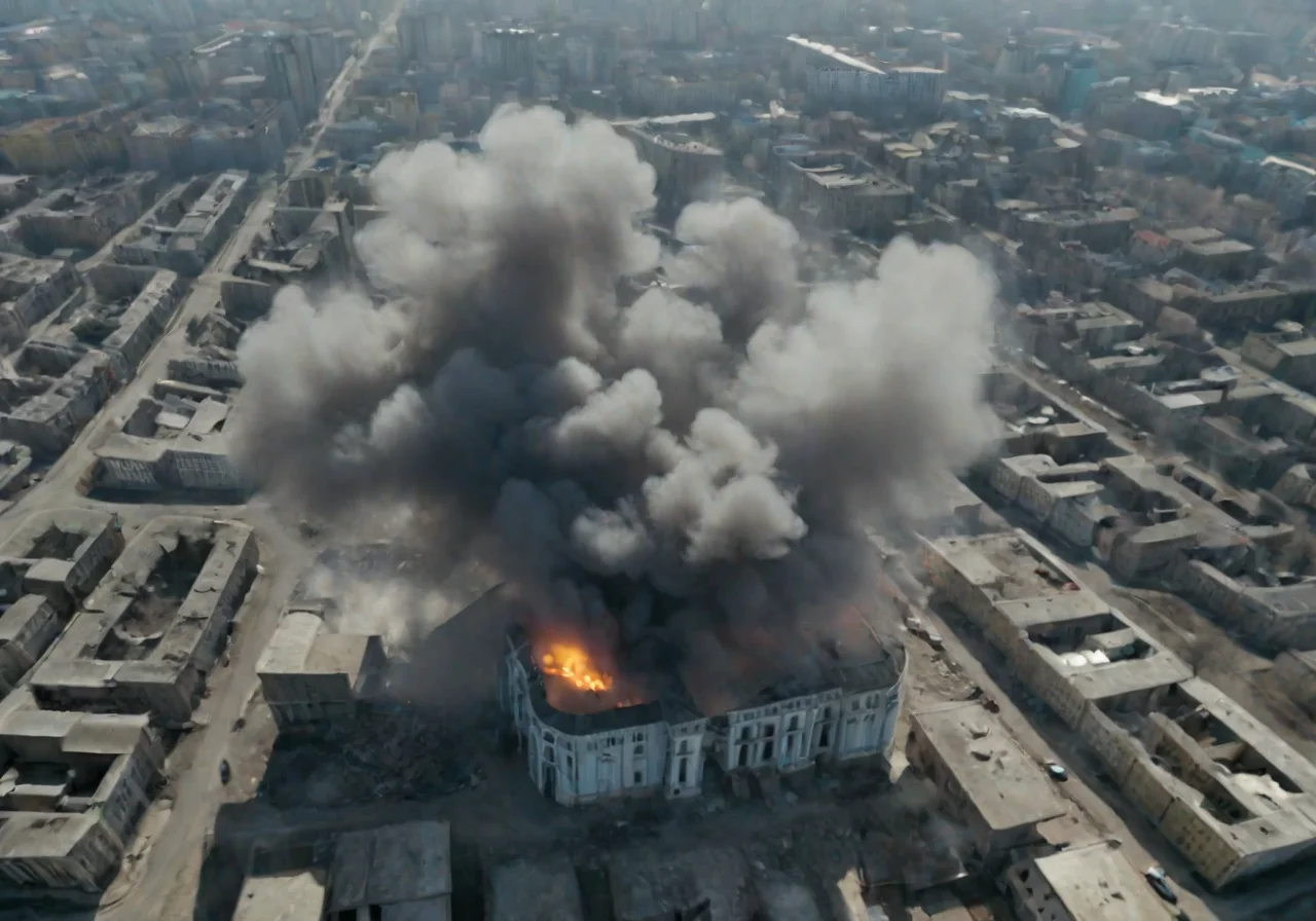 <lora:Smoke_XL:1>, middle shot, modern Ukrainian bombed out city with churches, helicopters overhead,  in the form of smoke_xl