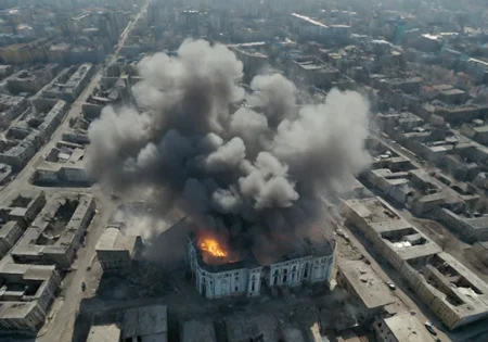 <lora:Smoke_XL:1>, middle shot, modern Ukrainian bombed out city with churches, helicopters overhead, in the form of smoke_xl