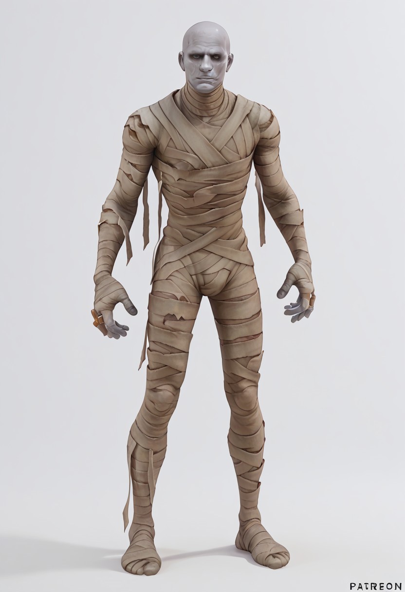 score_9_up, score_8_up, score_7_up, 1boy, fort_mummy, grey skin, bald, blind eyes, bandaged body, standing, mummy pose,