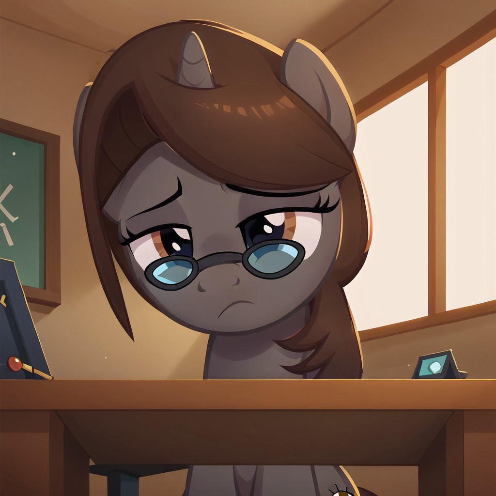 masterpiece, perfect detail, best high quality, source_pony, show accurate, cute, 1girl, solo, female, oc:sonata, pony, detention center, prison, behind glass, sitting, sitting in chair, behind desk, frown, barred window in background, security camera on ceiling, dejected frown, sad, lidded eyes, beautiful, looking down, pov in front of glass, score_9, score_8_up, score_7_up, score_6_up, score_5_up, score_4_up