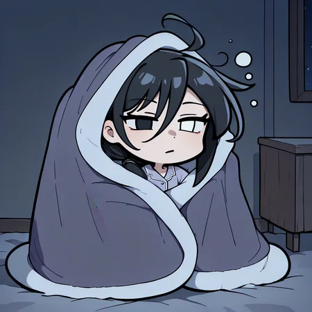 masterpiece, best quality, newest, absurdres, highres, blanket, chibi, under covers, <lora:CozyBlanket_illusXL_Incrs_v1:1>, pajamas, alternate costume, 1girl, long hair, black hair, ahoge, hair between eyes, single sidelock, low ponytail, heterochromia, black eyes, white eyes, indoors, night, sleepy,