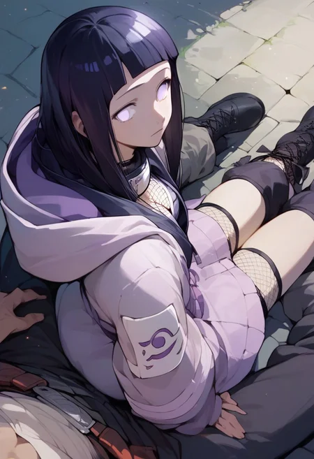 score_9, score_8_up, score_7_up, score_6_up, source_anime, 1girl, hyuuga hinata, purple eyes, white eyes, blunt bangs, black hair, hime cut,
hooded jacket, fishnets, headband around neck, pants, hood, forehead protector, konohagakure symbol, boots, black footwear,
pov, sitting on lap, 1boy, looking back, from above, cleavage,