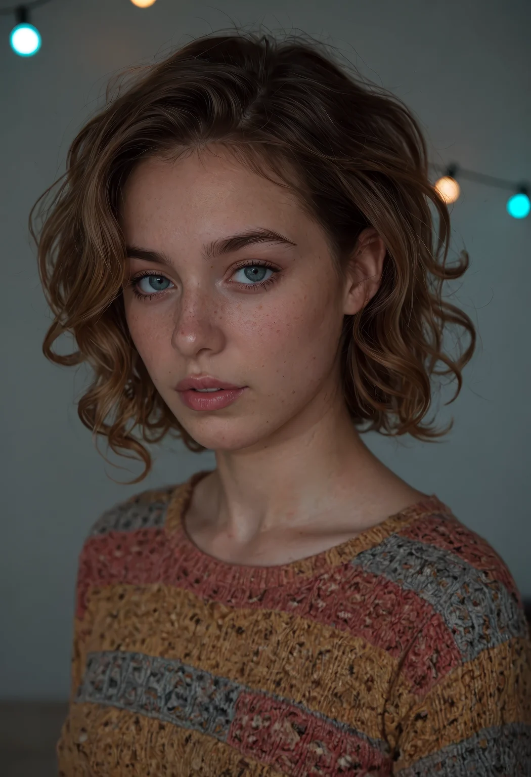 score_9, score_8_up, score_7_up, cinematic photo, close-up, 1girl, beautiful cute face, parted lips, curly ginger hair, natural eyebrows, pale skin, colorful sweater, multicolored clothing, illuminated by cool lights, blue lighting, purple lighting, teal lighting, soft glow, shimmer effect, sharp detail, fashion editorial, seductive gaze, high contrast, glowing atmosphere, dreamy lighting, atmospheric background, studio lighting, realistic face, photorealistic