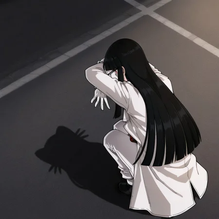 Girlycard, solo, 1girl, female focus, female, black hair, long hair, hime cut, blunt bangs, red eyes, white jacket, black shirt, red necktie, white coat, white scarf, white gloves, white pants, black shoes, catshadow, facing away, from above, squatting, from behind, shadow, full body, night, road, street, backlight, masterpiece, best quality, very aesthetic, absurdres, amazing quality, newest, very awa, highly detailed, fine detail, intricate detail