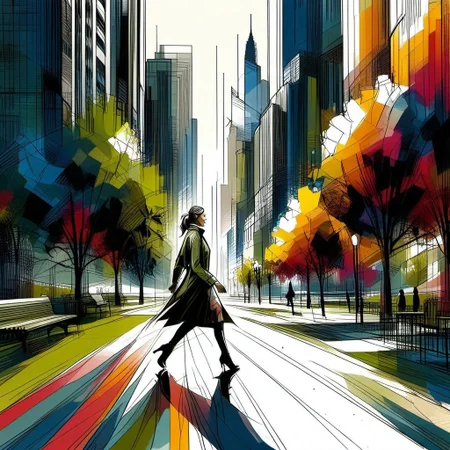 InkBlast, portrait, 1woman walking through a city park