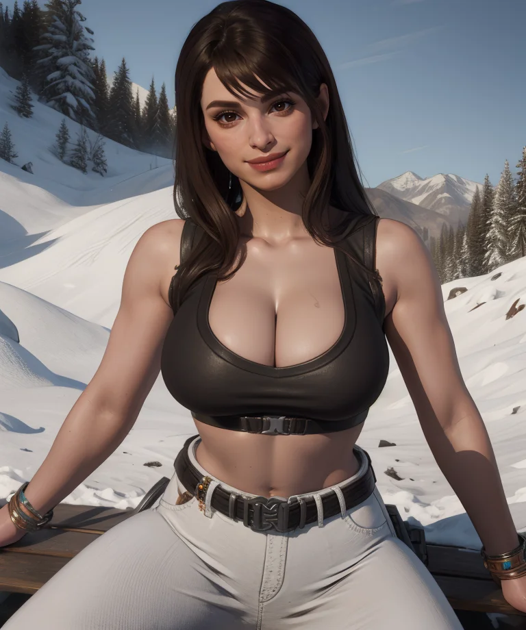 haileyfd,brown hair,brown eyes,smile,long hair,bangs,
black shirt,midriff,cleavage,white jeans,looking at viewer,sleeveless,belt,
sitting,
outdoors,snow,
(insanely detailed, masterpiece, best quality) solo,<lora:haileyFD-12:0.8>,