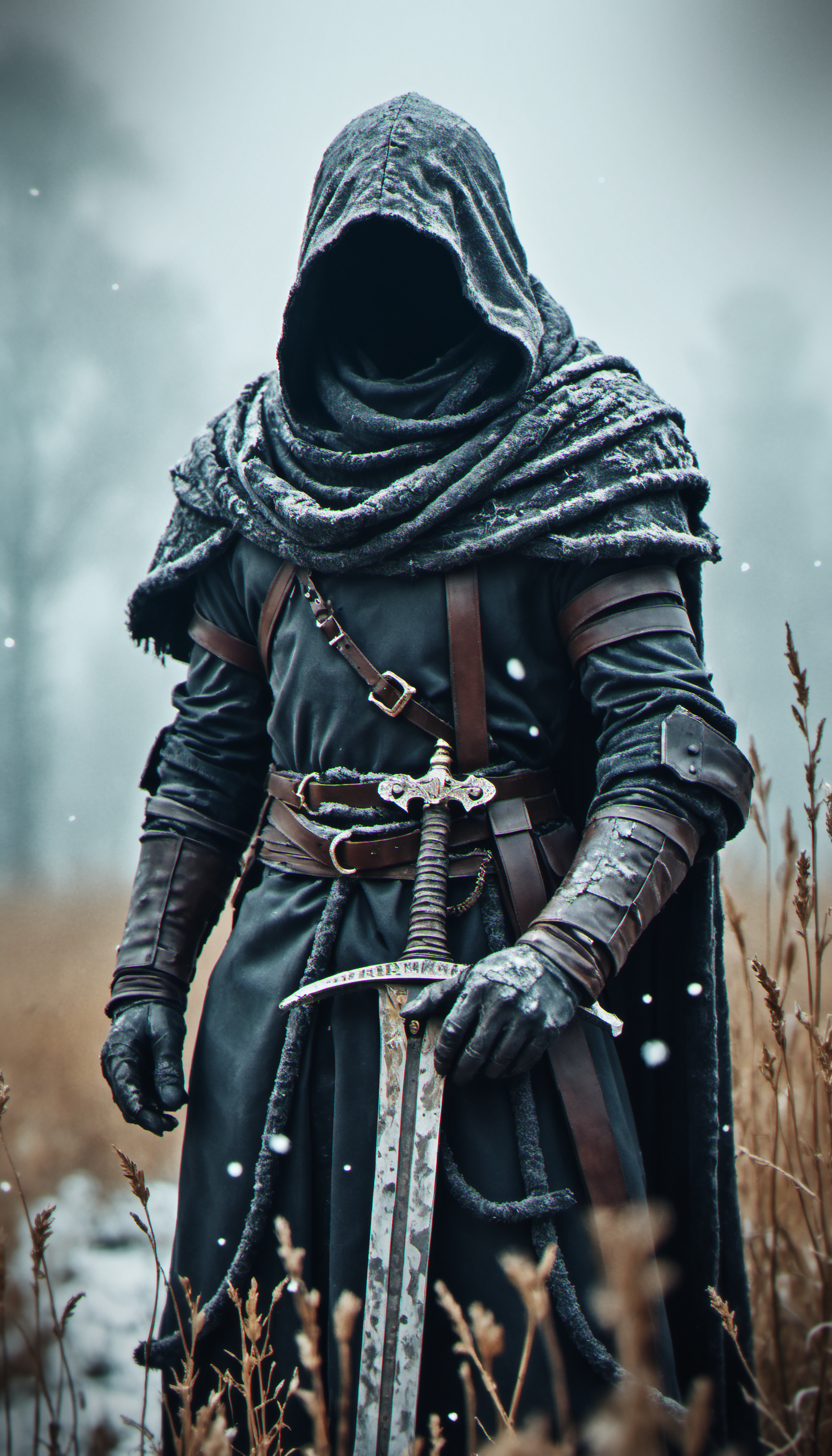 Dark fantasy photography, three-quarter view: a mysterious, hooded warrior clad in tattered, weathered armor, standing in a snow-dusted field with tall, dry grass, gripping a worn, intricately detailed sword, the figure’s face obscured in shadow, the cloak frayed and covered in frost, subtle details of leather straps and metal buckles visible, the background a misty, grey landscape with falling snowflakes, the atmosphere cold and somber, muted color palette with deep shadows, low contrast, the lighting soft and diffused, emphasizing the bleak, desolate environment.
