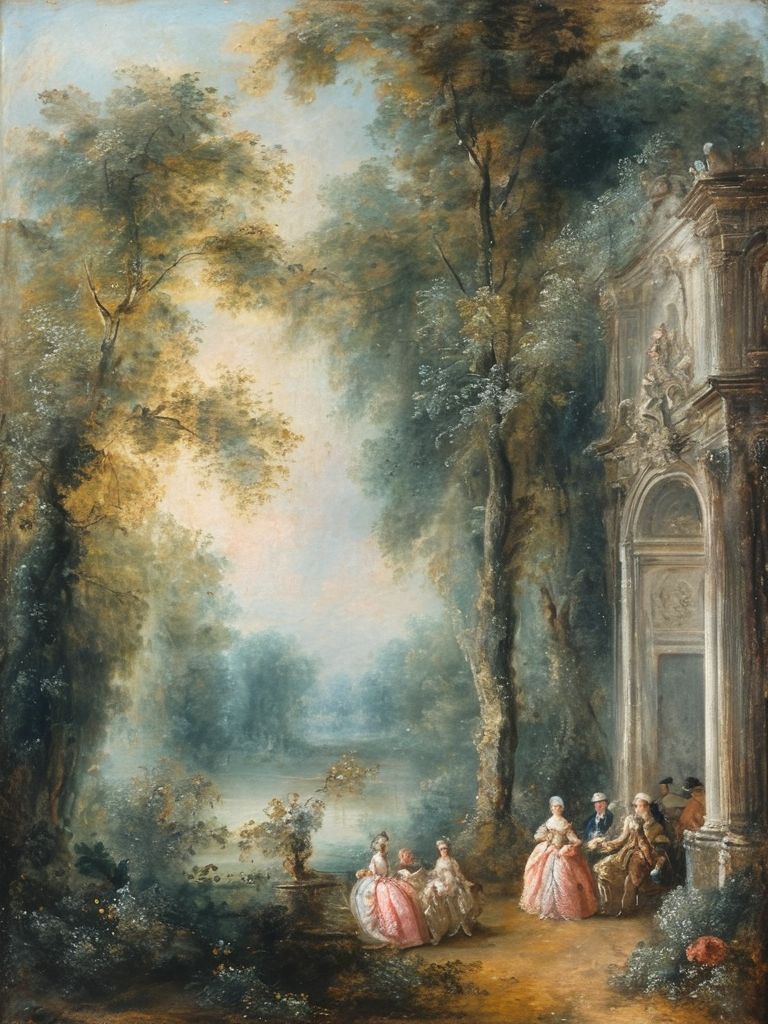 masterpiece,best quality,<lora:tbh124-sdxl:0.7>,landscape,rococo,oil painting,style of Jean-Antoine Watteau,