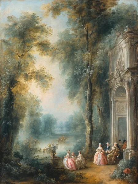 masterpiece,best quality,<lora:tbh124-sdxl:0.7>,landscape,rococo,oil painting,style of Jean-Antoine Watteau,