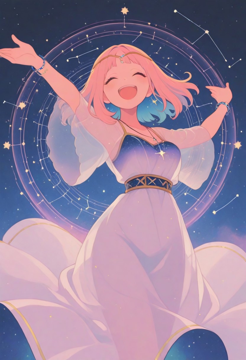 1 girl , solo ,constellation necklace , constellation bracelet , constellation circle ,constellation circlet ,long dress , see-through , happy , smile , 
,S4bit4mago_illu , xxx667_illu , in the style of Jeda, vibrant colors,