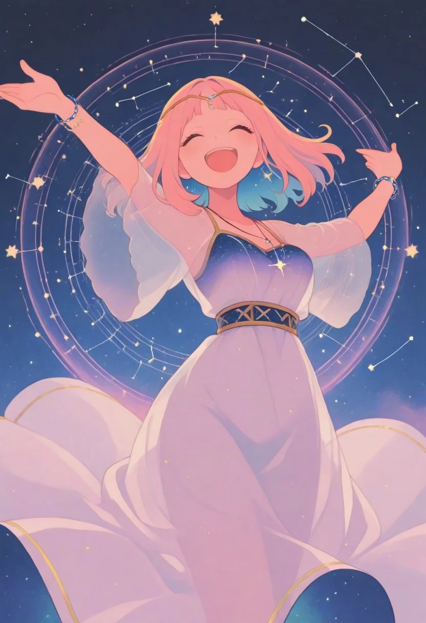 1 girl , solo ,constellation necklace , constellation bracelet , constellation circle ,constellation circlet ,long dress , see-through , happy , smile , 
,S4bit4mago_illu , xxx667_illu , in the style of Jeda, vibrant colors,