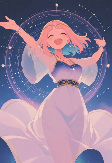 1 girl , solo ,constellation necklace , constellation bracelet , constellation circle ,constellation circlet ,long dress , see-through , happy , smile , 
,S4bit4mago_illu , xxx667_illu , in the style of Jeda, vibrant colors,