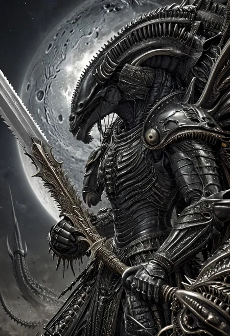A closeup of fantastical image of a Xenomorph knight, clad in flowing, flowing robes, wielding an ornate, ornate blade. they wield the sword in a fluid, dynamic motion. The moon's reflection highlights their magical power, solo, wide angle, art by hr giger