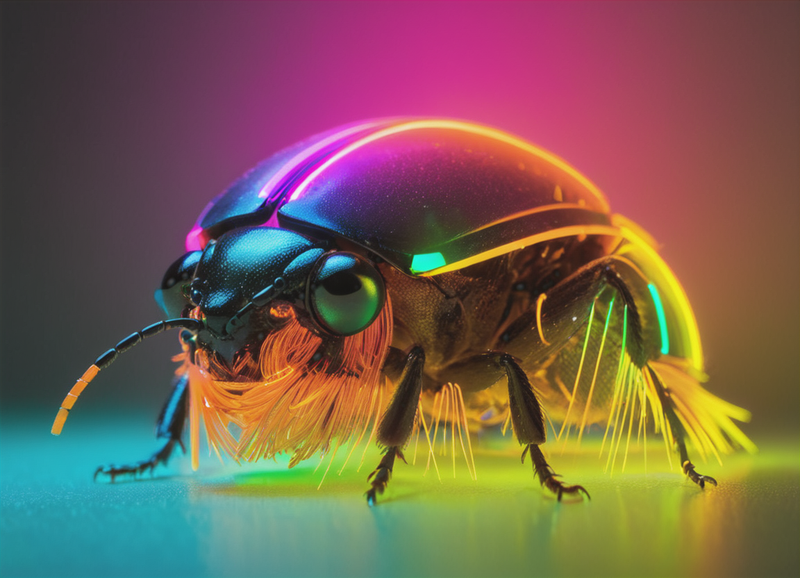 Ombre color scheme of neon orange, neon pink, neon blue, neon yellow, neon green, futuristic electro-optical (((microchip))) implanted on [beetle|frog|ant] (head:1.1) with optical luminescent fibers, dramatic lighting, macro photo (art by Sergio Lopez, Cory Arcangel & Ellen Jewett) <lora:sss:0.8>, subsurface scattering, Photorealistic, Hyperrealistic, analog style, realistic, film photography, soft lighting, heavy shadow