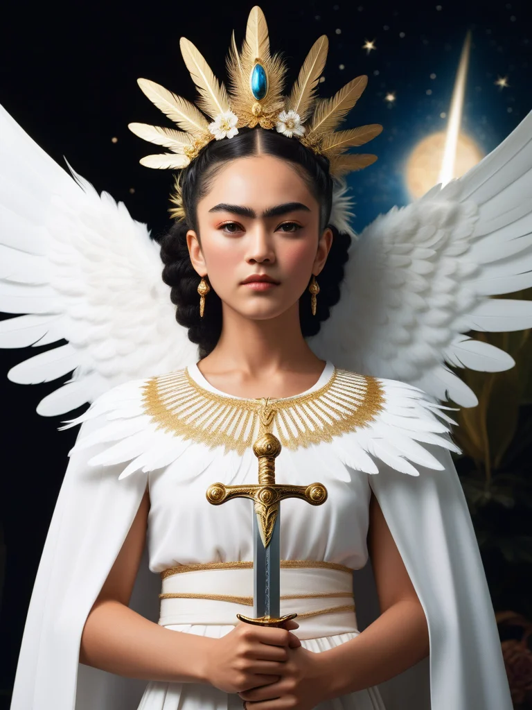 <lora:08SurealismArt_Hap_XL:1>, frida kahlo style, His wings are large, white, and feathery, spreading out behind him in a display of divine grace. He wields a glowing, celestial sword,
