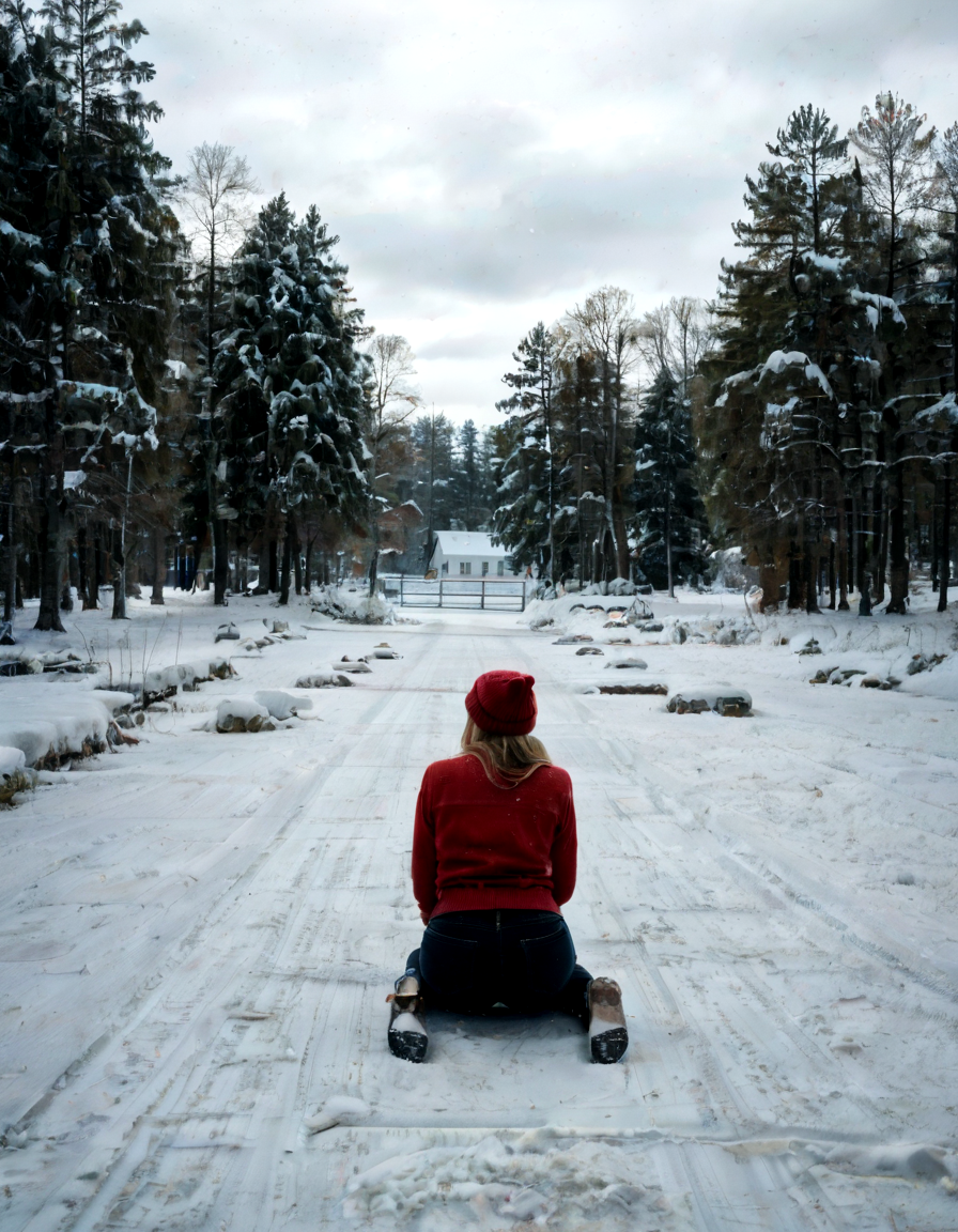 (sharp focus, 8K Resolution, golden hour, light leak, real life:1.4)shot from behind, petite gorgeous brunette white girl, (((narrow waist, insanely wide hips, insanely big ass))), straddling a rock, on a dirt path, in a SNOWY LANDSCAPE, beanie, sweater, (black spandex leggings), <lora:EnvyZoomSliderXL01:-2>, sitting on the ground in a field, topless ((snow, winter, snowflakes, trees in the distance, icey pond)) <lora:WhiteScene:0.95> whitescene, snowing, snow, snow everywhere, ice