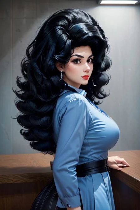 picturesque multiple views, solo, a woman with a very large dark wig, thick eyebrows, puffy lips, red lipstick, blush, heavy makeup, smirk, (high detailed face:1.1), (huge jet black 60's hair:1.3) (pale skin:1.3), cinematic lighting, dynamic pose, eye contact, (retro american diner), ((light blue retro waitress outfit)), white apron, picturesque background<lora:big_hair-1.0:0.8>, (high detailed face:1.1), <lora:add_detail:1>, (huge jet black 60's hair:1.3) (pale skin:1.3), (Bouffant Hair:1.3), (high detailed skin:1.1), (huge jet black 60's bouffant hair:1.3), (high detailed skin:1.1), 4k, realistic, (photorealistic:1.3), (shadows:1.2), finely detailed face, flawless seductive big bright blue eyes, thick eyebrows, luscious lips, wide jaw, detailed skin, glossy skin, skindentation, narrow waist, realistic, perfect anatomy, glamorous pose, perfect proportions, (masterpiece:1.5), (best quality:1.5), (intricate details:1.5), (sharpen details), (ultra detailed face, ultra detailed eyes, ultra detailed mouth, ultra detailed body, ultra detailed hands, ultra detailed clothes:1.5), ((frontview closeup:1.5)),