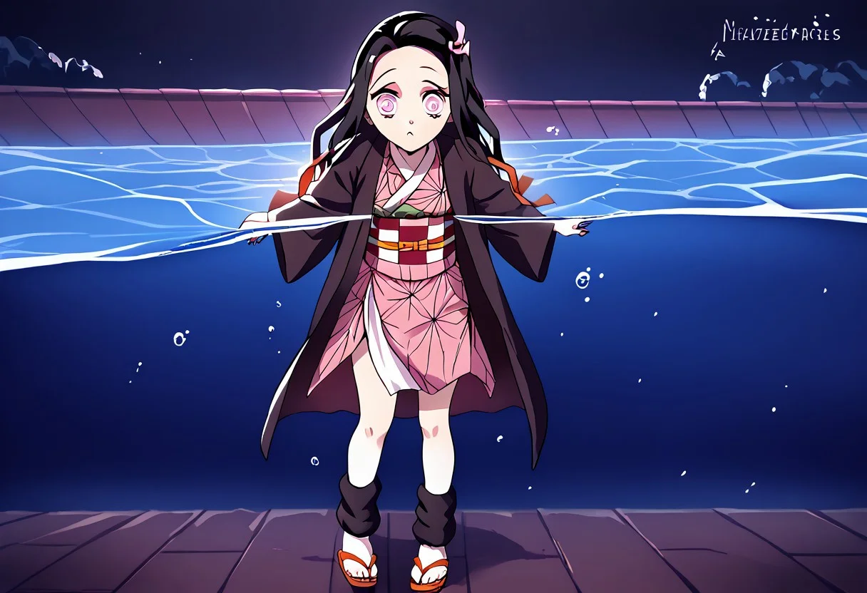 kamado nezuko,1girl, black hair, pink eyes, magenta pupils, pink hair ribbon, two-tone hair, nezukob, black hair, purple eyes,white pupils, pink hair ribbon, two-tone hair, nezukoc, black hair, solid circle eyes, parody, pink hair ribbon, two-tone hair, pink kimono, black haori,asa no ha \(pattern\), checkered obi, black leg warmers, white socks, sandals, virgin destroyer sweater, partially underwater shot