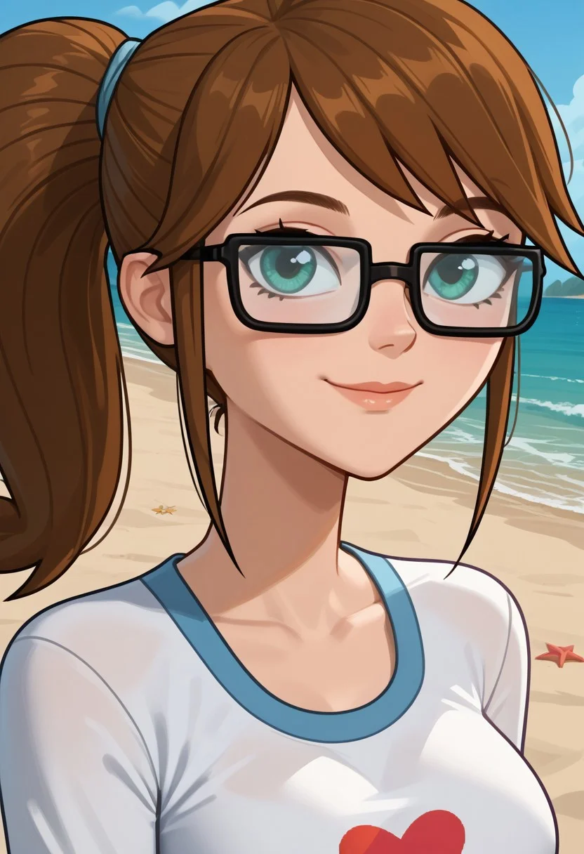 ((beach background)),score_9, score_8_up, score_7_up,score_6_up, 
1girl, Solo, Ally_DC, light skin, sea green eyes, brown hair, glasses with black frames, hairstyle ponytail, white long sleeve shirt with pixel red heart design, uncovered navel, blue sports shorts, barefoot, big eyes, tall stature, social smile, perfect eyes, perfect smile, looking at the viewer, big breasts, detailed eyes, perfect eyes, cute, standing,(front pose, bust shot, close up to face, face portrait:1)