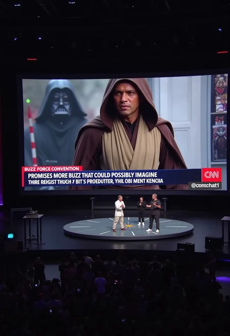 @dncchat1, on stage, large screen, a man is standing on stage with a giant tv screen 
a man is talking to a picture of a Obi Wan Kenobi wearing a cloaked hood, 
bottom right red text 'CNN', 
bottom blue text 'Promises more Buzz that you could possibly imagine', 
bottom black sub text 'buzz force convention', 
Jedi flag, multiple Jedis, star \(symbol\)
<lora:@dncchat1.v1.style.flux1d_epoch_10:0.3>