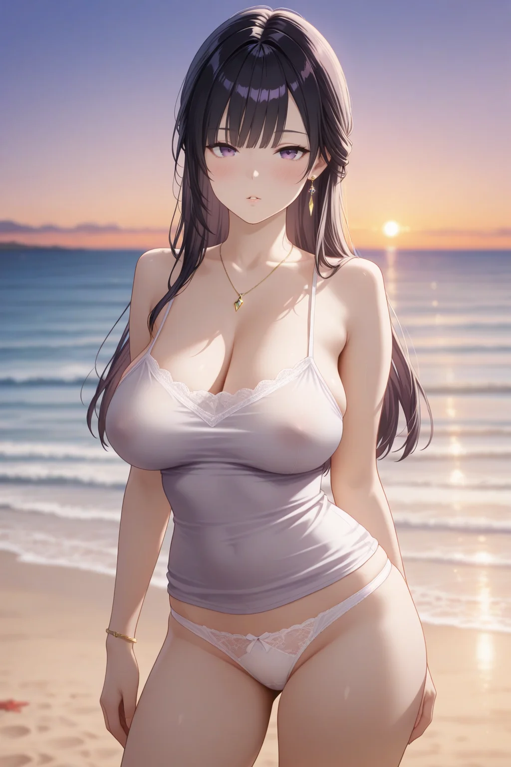 masterpiece, best quality, amazing quality, very aesthetic, absurdres, photorealistic, 1girl, solo,
<lora:airen_izo_IL:0.8>, airen, long hair, purple eyes, black hair, jewelry, single earring,
large breasts, (sagging breasts:0.8), camisole, white panties, thighs, bare shoulders,
seductive gaze, bedroom eyes, parted lips,
blush, looking at viewer, standing, contrapposto,
detailed background, blurry background, beach, horizon, evening,